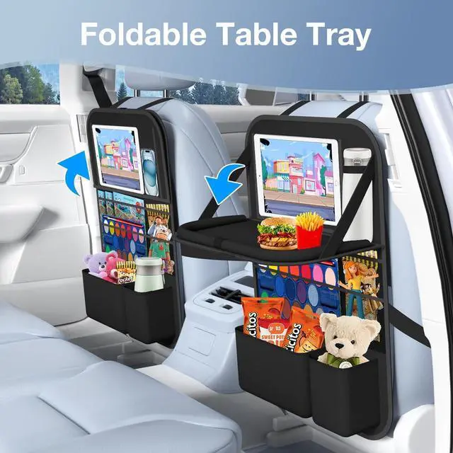 Alt view image 2 of 7 - Car Backseat Organizer with Table Tray(2-Pack) 9 Storage Pockets Backseat Car Organizer and storage with Tablet Holder, Kick Mats Back Seat Cover for Kids family Road Trip Essentials Travel
