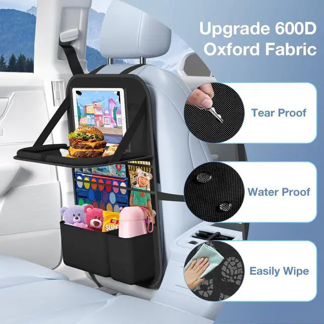 Alt view image 3 of 7 - Car Backseat Organizer with Table Tray(2-Pack) 9 Storage Pockets Backseat Car Organizer and storage with Tablet Holder, Kick Mats Back Seat Cover for Kids family Road Trip Essentials Travel