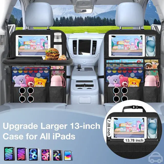 Alt view image 4 of 7 - Car Backseat Organizer with Table Tray(2-Pack) 9 Storage Pockets Backseat Car Organizer and storage with Tablet Holder, Kick Mats Back Seat Cover for Kids family Road Trip Essentials Travel