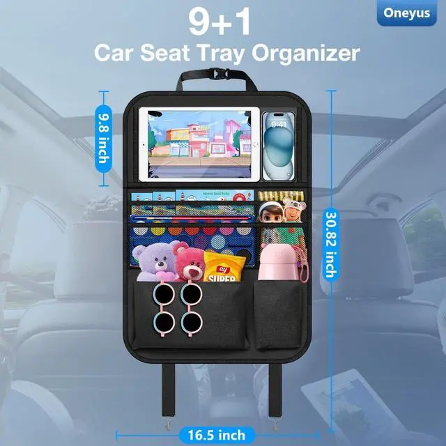 Alt view image 7 of 7 - Car Backseat Organizer with Table Tray(2-Pack) 9 Storage Pockets Backseat Car Organizer and storage with Tablet Holder, Kick Mats Back Seat Cover for Kids family Road Trip Essentials Travel