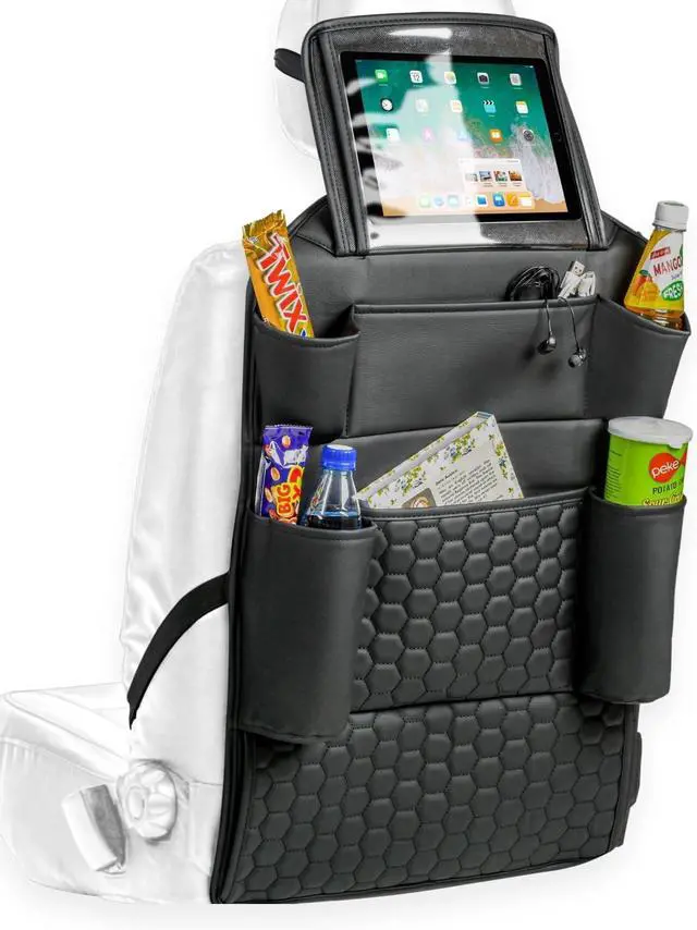 Main image of Back of Seat Organizer for Kids with Transparent Tablet Pocket & 8 Compartments | 27.5"x18.5" | Black Travel Accessory for SUV, Truck, Sedan, Van, Jeep