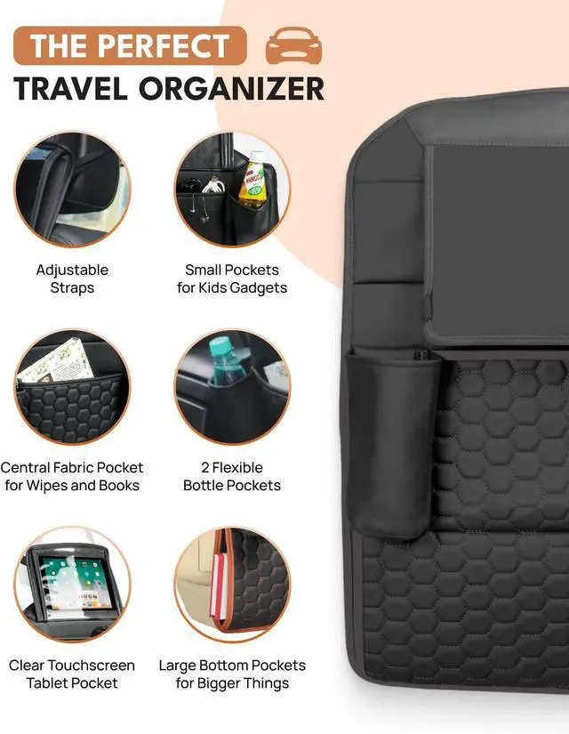 Alt view image 4 of 7 - Back of Seat Organizer for Kids with Transparent Tablet Pocket & 8 Compartments | 27.5"x18.5" | Black Travel Accessory for SUV, Truck, Sedan, Van, Jeep