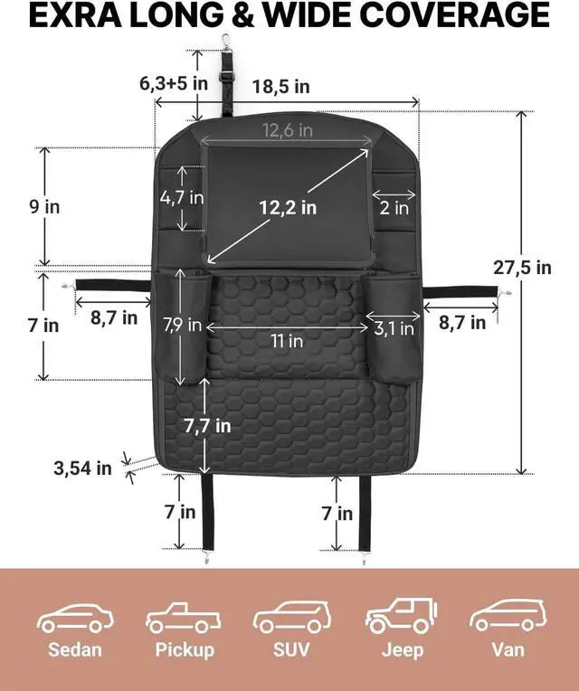 Alt view image 5 of 7 - Back of Seat Organizer for Kids with Transparent Tablet Pocket & 8 Compartments | 27.5"x18.5" | Black Travel Accessory for SUV, Truck, Sedan, Van, Jeep