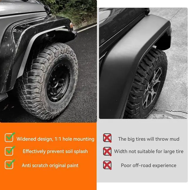 Alt view image 2 of 7 - Front & Rear Fender Liner Fender Trim Extension Protector Compatible with 2007-2018 Jeep Wrangler JK JKU