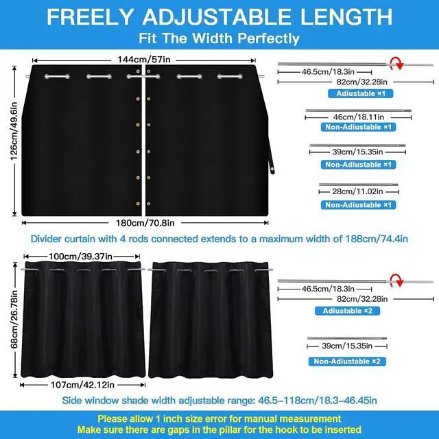 Alt view image 7 of 7 - Car Window Shades with Rods Set of 3, Car Shades for Back Windows Baby & Privacy Blackout Car Divider Curtain Opaque Suede Totally Blackout Length Adjustable for Most Car SUV Truck Van MPV
