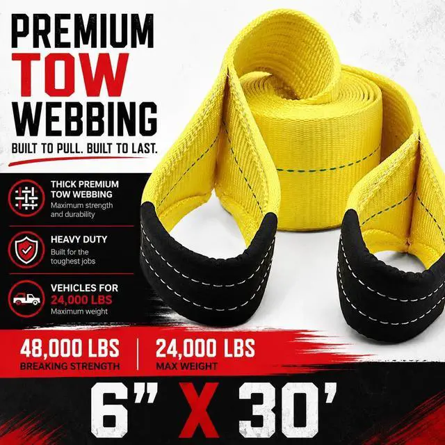 Alt view image 2 of 6 - Tool BXT Recovery Tow Straps 6" X 30' - 48,000LBS - Heavy Duty Reinforced Loops Emergency Off Road Towing Rope and Winch Extension - Box Truck - Commercial Vehicle - Off Road
