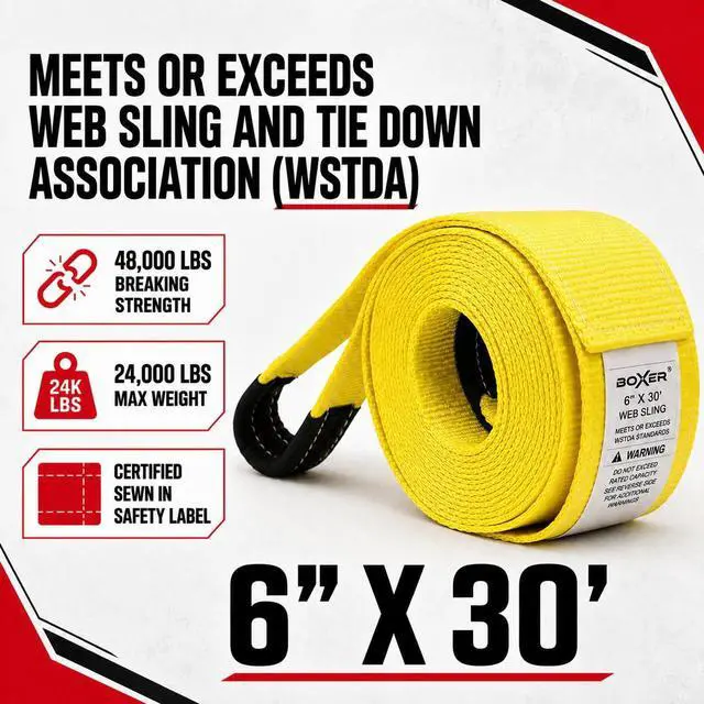 Alt view image 3 of 6 - Tool BXT Recovery Tow Straps 6" X 30' - 48,000LBS - Heavy Duty Reinforced Loops Emergency Off Road Towing Rope and Winch Extension - Box Truck - Commercial Vehicle - Off Road