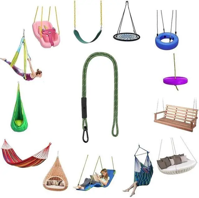 Alt view image 3 of 7 - Heavy Duty Tree Swing Ropes, Hammock Tree Straps Hanging Kit, for Outdoor Swings Hammock Playground Set Accessories (6.75ft,81",Green,2Pack)