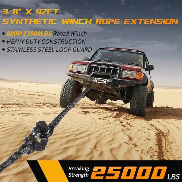 Alt view image 2 of 7 - 3/8 Inch x 92 Feet Synthetic Winch Rope Extension 26,500 Lbs for Off Road Vehicle ATV UTV SUV Black