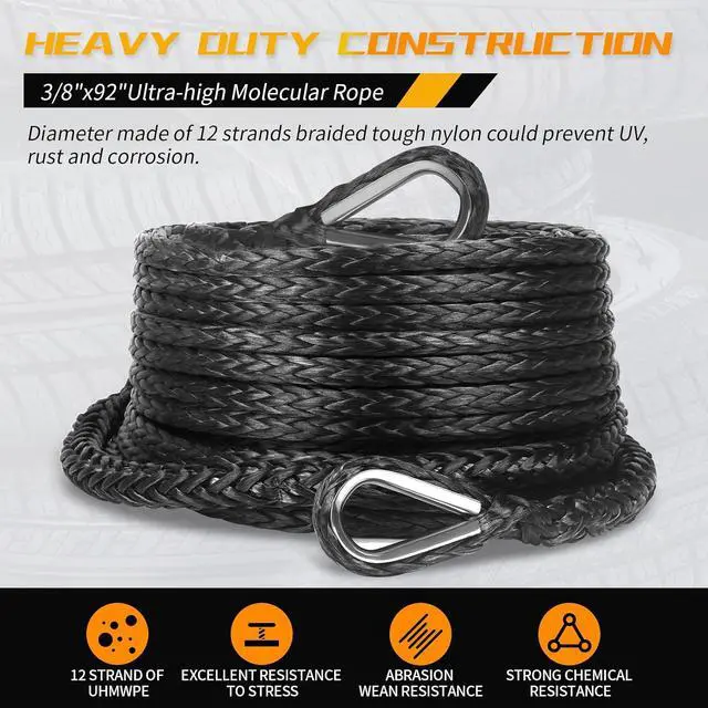 Alt view image 3 of 7 - 3/8 Inch x 92 Feet Synthetic Winch Rope Extension 26,500 Lbs for Off Road Vehicle ATV UTV SUV Black