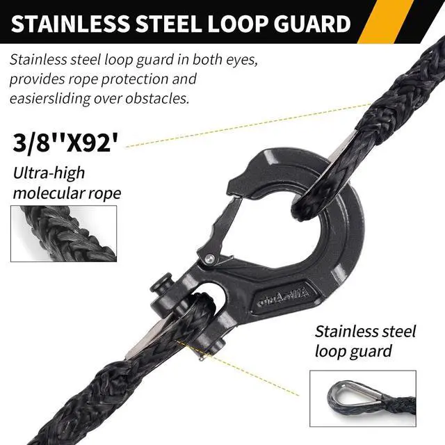 Alt view image 4 of 7 - 3/8 Inch x 92 Feet Synthetic Winch Rope Extension 26,500 Lbs for Off Road Vehicle ATV UTV SUV Black