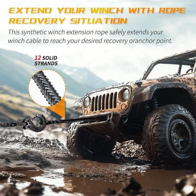 Alt view image 5 of 7 - 3/8 Inch x 92 Feet Synthetic Winch Rope Extension 26,500 Lbs for Off Road Vehicle ATV UTV SUV Black