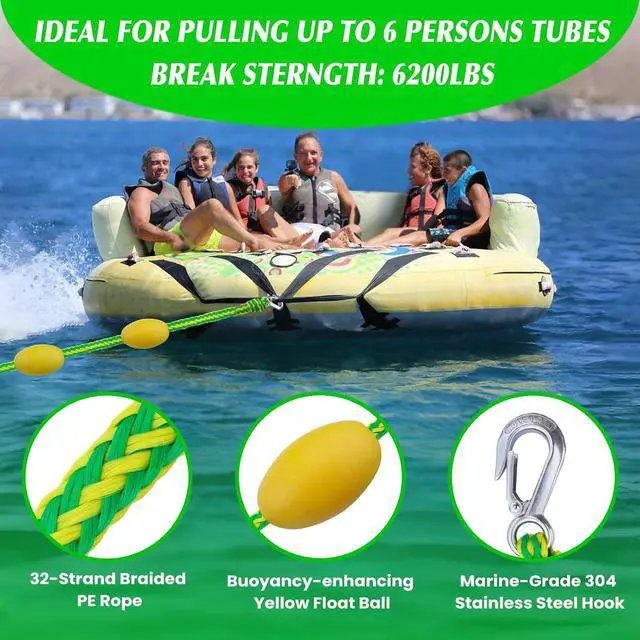 Alt view image 2 of 6 - 60FT Floating Boat Tow Rope for Tubing, Fits 1-6 Person Towable Tubes, Heavy-Duty Boat Tube Rope with 9pcs Yellow Floats and Stainless Steel Hook for Watersports