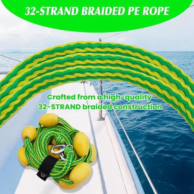 Alt view image 3 of 6 - 60FT Floating Boat Tow Rope for Tubing, Fits 1-6 Person Towable Tubes, Heavy-Duty Boat Tube Rope with 9pcs Yellow Floats and Stainless Steel Hook for Watersports