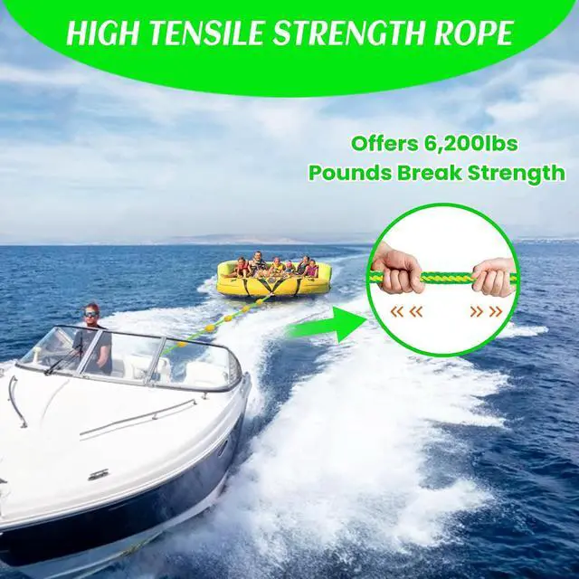 Alt view image 4 of 6 - 60FT Floating Boat Tow Rope for Tubing, Fits 1-6 Person Towable Tubes, Heavy-Duty Boat Tube Rope with 9pcs Yellow Floats and Stainless Steel Hook for Watersports