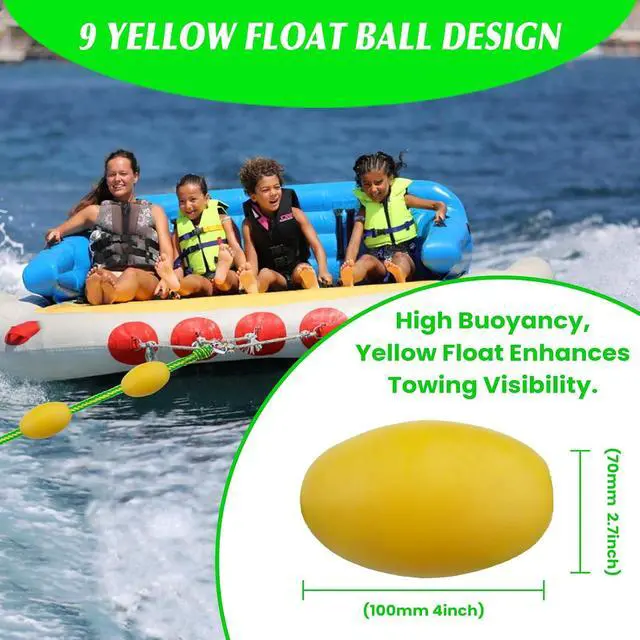 Alt view image 5 of 6 - 60FT Floating Boat Tow Rope for Tubing, Fits 1-6 Person Towable Tubes, Heavy-Duty Boat Tube Rope with 9pcs Yellow Floats and Stainless Steel Hook for Watersports