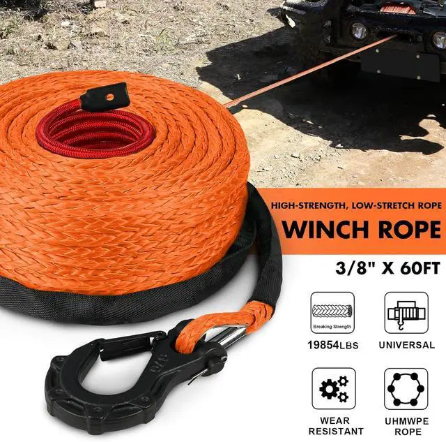 Alt view image 2 of 7 - 3/8" x 60ft Synthetic Winch Rope 19,854lbs Dyneema Winch Cable Line with Hook and Sleeve Protection Car Tow Recovery Cable for 4WD Off Road Vehicle SUV Truck(Orange-Slim)