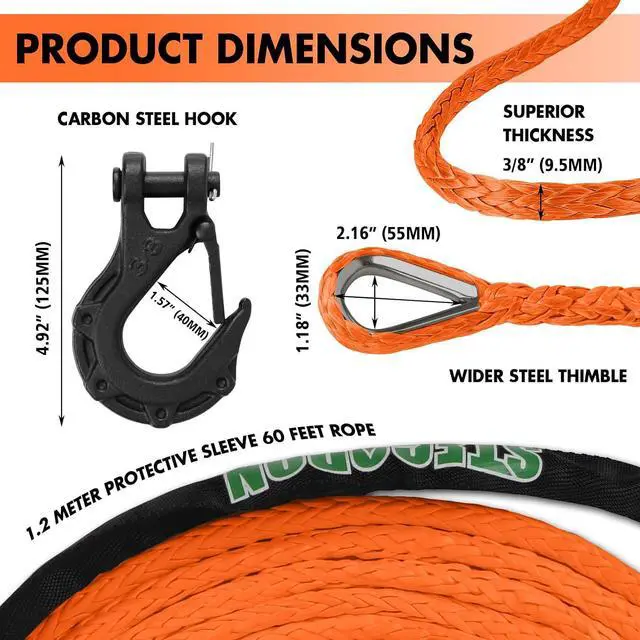 Alt view image 3 of 7 - 3/8" x 60ft Synthetic Winch Rope 19,854lbs Dyneema Winch Cable Line with Hook and Sleeve Protection Car Tow Recovery Cable for 4WD Off Road Vehicle SUV Truck(Orange-Slim)