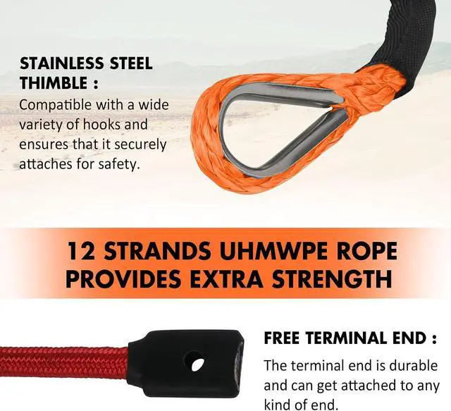 Alt view image 4 of 7 - 3/8" x 60ft Synthetic Winch Rope 19,854lbs Dyneema Winch Cable Line with Hook and Sleeve Protection Car Tow Recovery Cable for 4WD Off Road Vehicle SUV Truck(Orange-Slim)