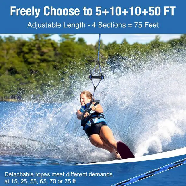 Alt view image 2 of 7 - Wakeboard Rope 75 Feet Water Ski Rope with Handle Ski Ropes for Watersports, Ski Tow Rope for Tubing 4 Sections Tube Tow Rope for Watersports, Storage Bag Included