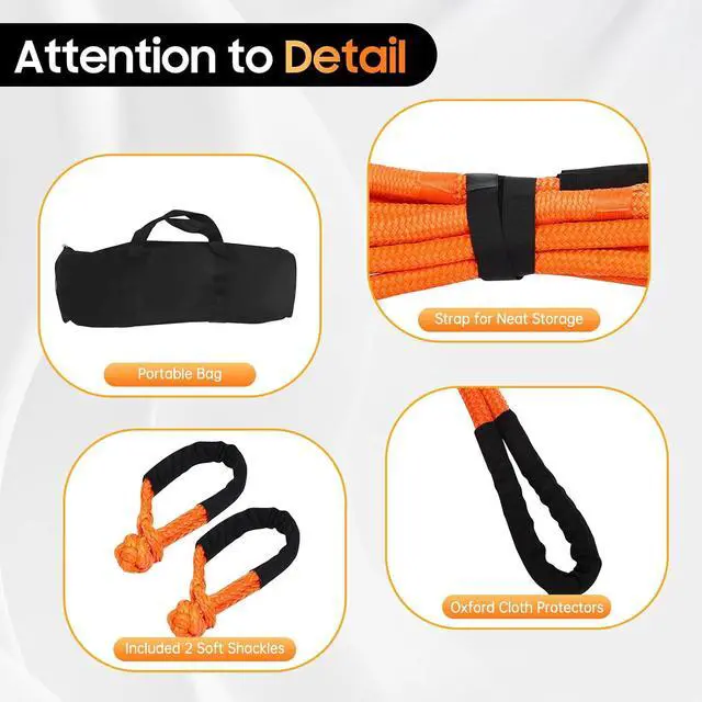 Alt view image 5 of 6 - Kinetic Recovery Tow Rope 3/4''×20ft 30580 lbs, Orange Kinetic Rope with 2 Soft Shackles 30% Elasticity Tow Ropes Vehicle Recovery Kit for Trucks SUV UTV ATV Tractor Car Jeep