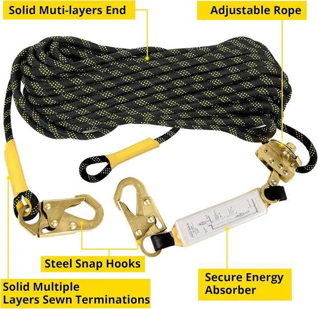Alt view image 2 of 6 - TRSMIMA Rope Harness Safety Lanyard25/50/100/150ft Vertical Roofing Rope Grab Snap Hooks Shock Absorber Fall Protection Kit