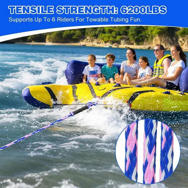 Alt view image 2 of 6 - 60FT 6K Boat Tow Rope for Tubing, 1-6 Riders Heavy Duty Floating Tube Tow Rope, Pull Rope for Towable Tubes & Water Sports
