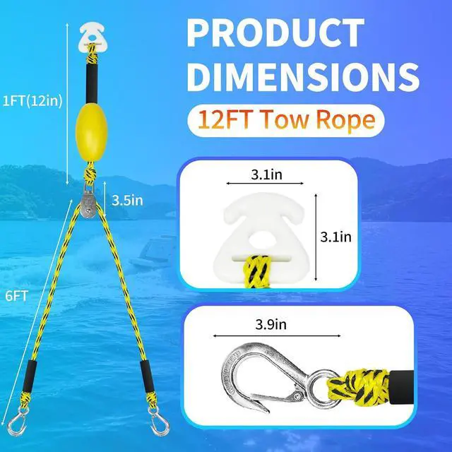 Alt view image 2 of 5 - Heavy Duty Boat Tow Harness for Tubing, Self Centering Tow Harness, 360° Rotating Pulley & Large Hooks Floating Tube Rope for Pontoon, Ski, Wakeboard 12/16/24ft (Red/Yellow-Black Dot)