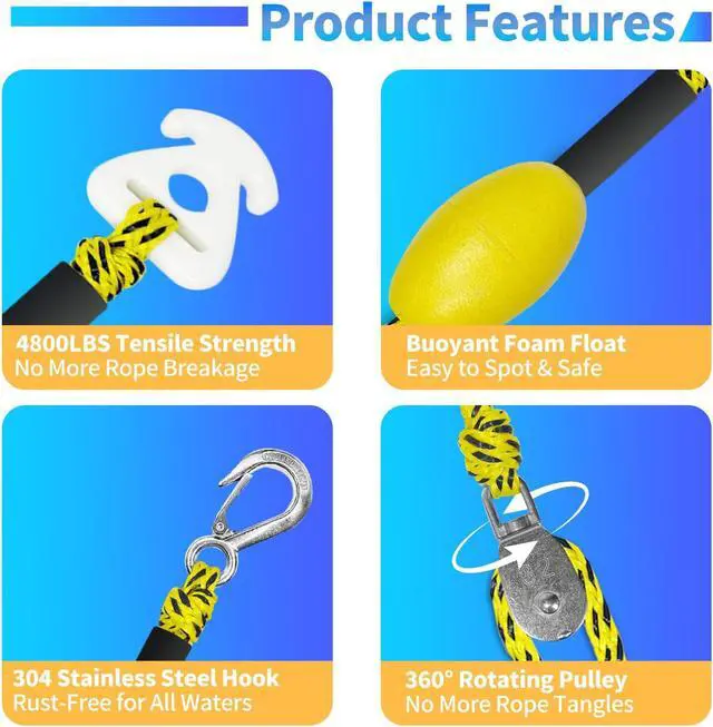 Alt view image 3 of 5 - Heavy Duty Boat Tow Harness for Tubing, Self Centering Tow Harness, 360° Rotating Pulley & Large Hooks Floating Tube Rope for Pontoon, Ski, Wakeboard 12/16/24ft (Red/Yellow-Black Dot)