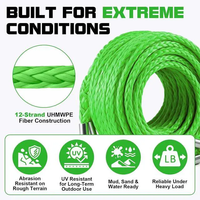 Alt view image 4 of 7 - Synthetic Winch Rope Extension - 3/8" x 50ft 27000 lbs Heavy Duty Extension Winch Line Cable Replacement for ATV UTV Off Road Vehicle Jeep Truck - Green
