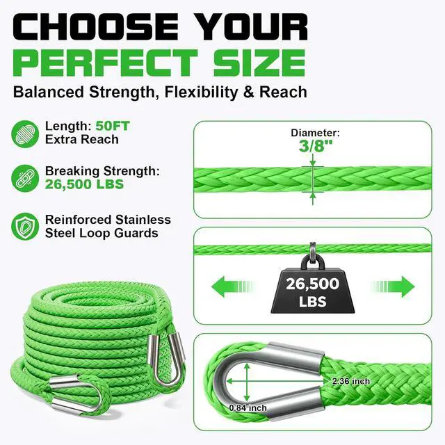 Alt view image 7 of 7 - Synthetic Winch Rope Extension - 3/8" x 50ft 27000 lbs Heavy Duty Extension Winch Line Cable Replacement for ATV UTV Off Road Vehicle Jeep Truck - Green