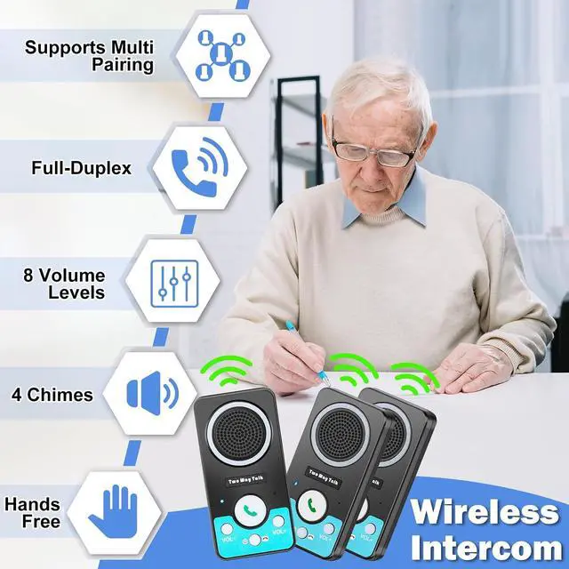 Alt view image 2 of 7 - Intercoms Wireless for Home, Full Duplex 2 Way Intercom System, 1500ft Long Range Intercom with 8 Volume Levels, Rechargeable Battery & 4 Chime for Home Office & Business (3 Pack)