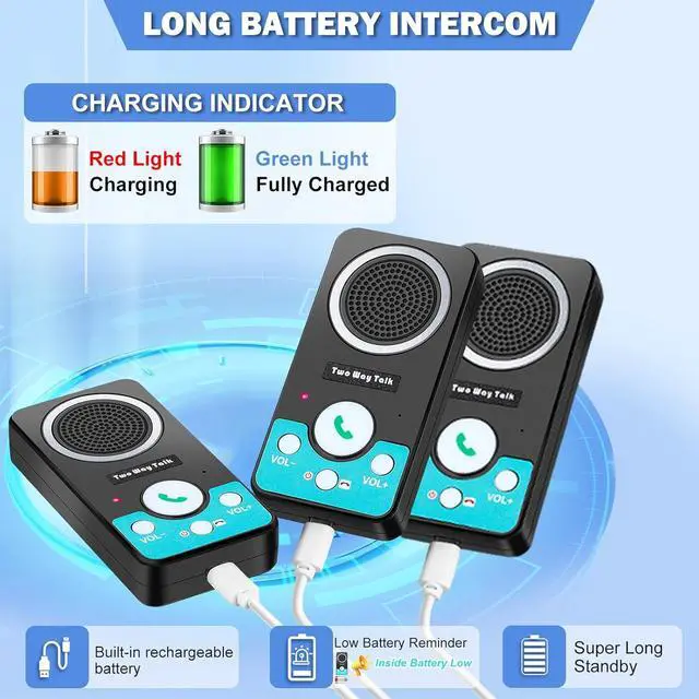 Alt view image 4 of 7 - Intercoms Wireless for Home, Full Duplex 2 Way Intercom System, 1500ft Long Range Intercom with 8 Volume Levels, Rechargeable Battery & 4 Chime for Home Office & Business (3 Pack)
