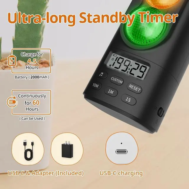 Alt view image 5 of 7 - Traffic Light Visual Timer&ADHD Tool for Kids Adults Display Volume Adjustment, with 4 Ringtones for Classroom Desk Home Kitchen Game Countdown Pause Memory Function Charger Type C Included
