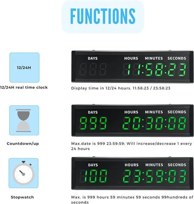 Alt view image 2 of 7 - Large Display Digital Countdown Clock, LED Large Display Count Up/Count Down Timer, 999 Days Countdown Calendar for Christmas Retirement Birthday Event Timer with Remote Control (Green)