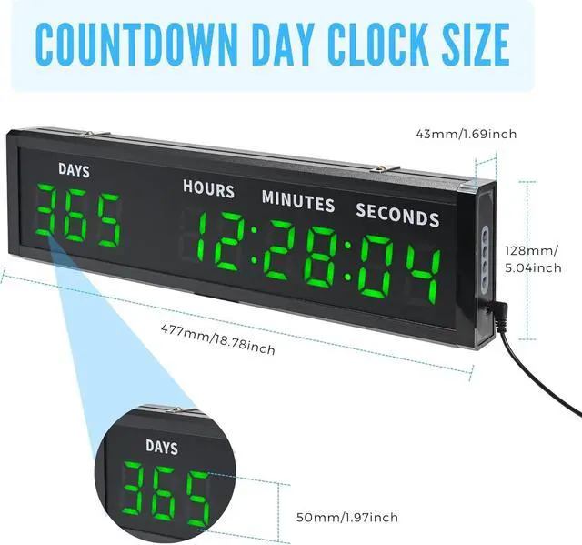 Alt view image 4 of 7 - Large Display Digital Countdown Clock, LED Large Display Count Up/Count Down Timer, 999 Days Countdown Calendar for Christmas Retirement Birthday Event Timer with Remote Control (Green)
