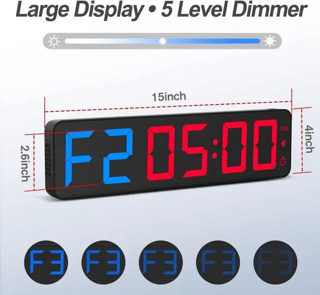 Alt view image 4 of 7 - Gym Timer 15"Large LED Display Wall Clock, Gym Interval Workout Count Down & Up Stopwatch, Adjustable Buzzer Volume/Upgraded Remote Digital Timer for Fitness, Classroom, Home Garage and Outdoor