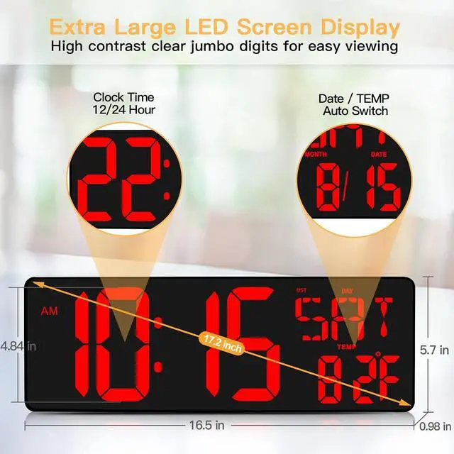 Alt view image 2 of 7 - Large Digital Wall Clock with Remote Control, 16.5 Inch LED Large Display Count Up & Down Timer, Adjustable Brightness Alarm Clock with Day/Date/Temperature for Home, Gym, Office and Classroom