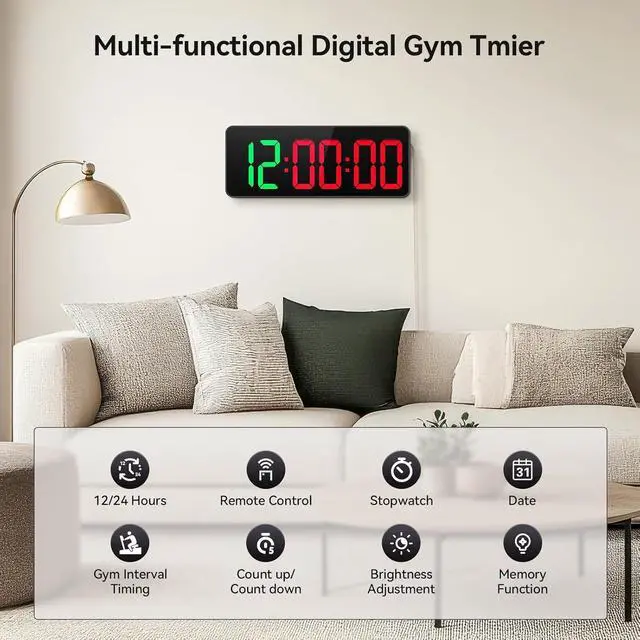 Alt view image 4 of 7 - Gym Timer Clock Large Display, 12" LED Exercise Workout Interval Timer with Remote for Boxing Tabata/FGB/EMOM,Countdown/Up,Stopwatch Clock for Sports,Home Gym,Yoga,Garage,Office,Classroom
