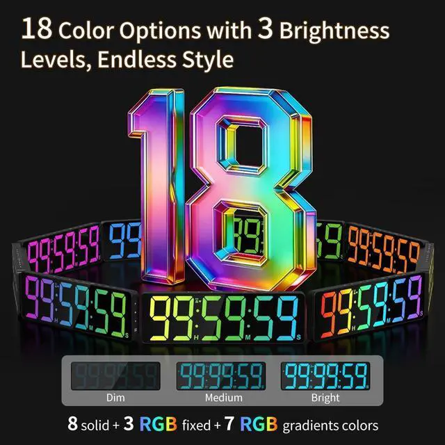 Alt view image 3 of 7 - 15.7" Large Digital Wall Timer with 99H Countdown, Count Up, Clock and Remote Control, 18 Colors RGB Wall Clock for Office, Home Decor, Kitchen, Living Room, Gym, Classroom