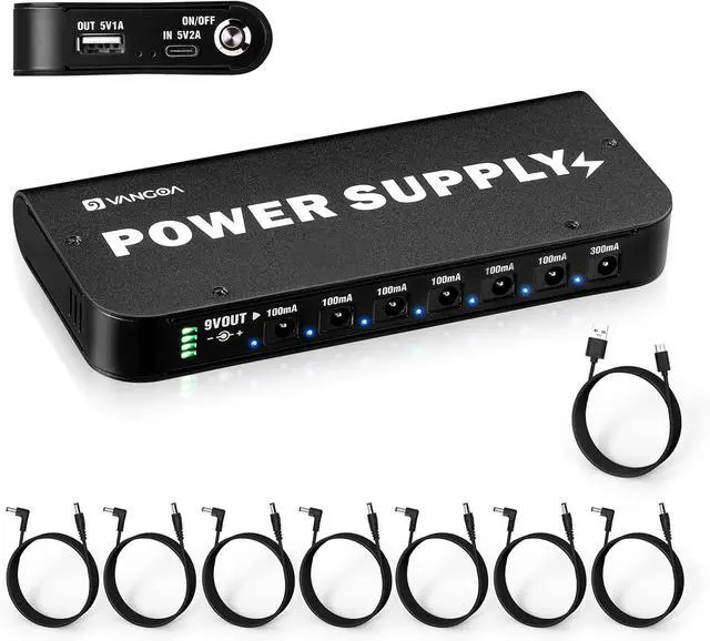 Main image of Rechargeable Guitar Pedal Power Supply Built-in 4600mAh Battery with LED Indicator 7 Outputs DC 9V (300mA, 100mA), 5V/1A USB Port, Portable Guitar Pedal Power Supply, Black, PS-01