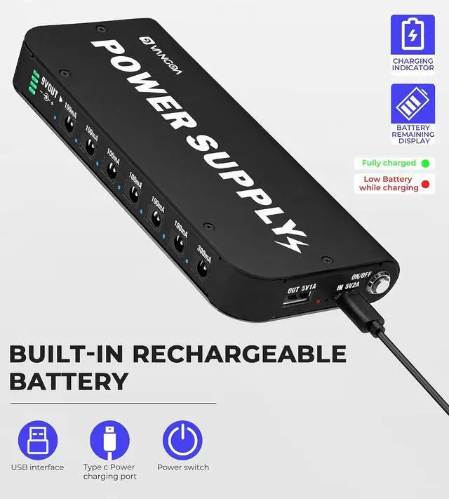 Alt view image 2 of 6 - Rechargeable Guitar Pedal Power Supply Built-in 4600mAh Battery with LED Indicator 7 Outputs DC 9V (300mA, 100mA), 5V/1A USB Port, Portable Guitar Pedal Power Supply, Black, PS-01