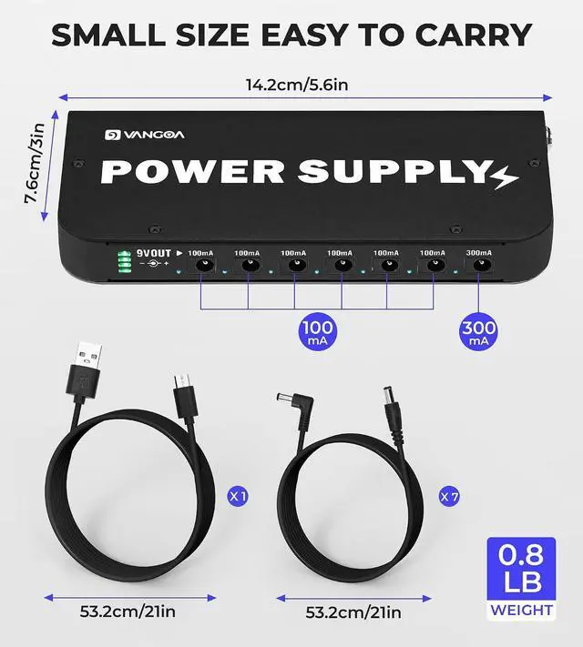 Alt view image 4 of 6 - Rechargeable Guitar Pedal Power Supply Built-in 4600mAh Battery with LED Indicator 7 Outputs DC 9V (300mA, 100mA), 5V/1A USB Port, Portable Guitar Pedal Power Supply, Black, PS-01