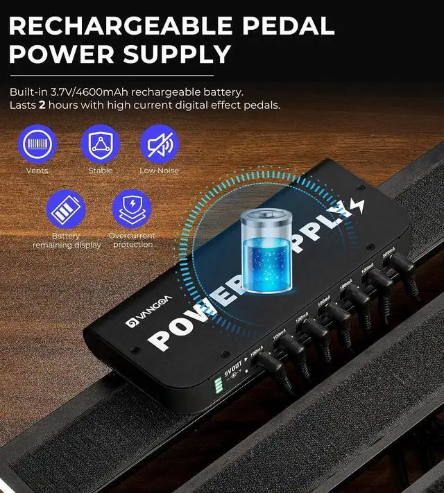 Alt view image 3 of 6 - Rechargeable Guitar Pedal Power Supply Built-in 4600mAh Battery with LED Indicator 7 Outputs DC 9V (300mA, 100mA), 5V/1A USB Port, Portable Guitar Pedal Power Supply, Black, PS-01
