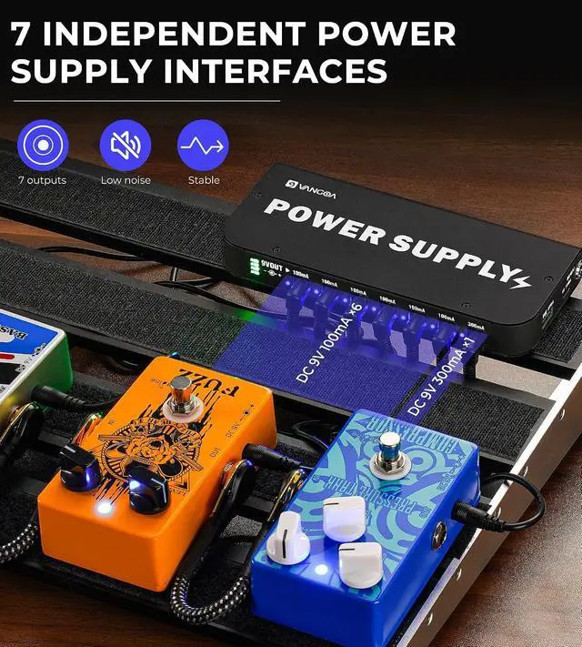 Alt view image 6 of 6 - Rechargeable Guitar Pedal Power Supply Built-in 4600mAh Battery with LED Indicator 7 Outputs DC 9V (300mA, 100mA), 5V/1A USB Port, Portable Guitar Pedal Power Supply, Black, PS-01