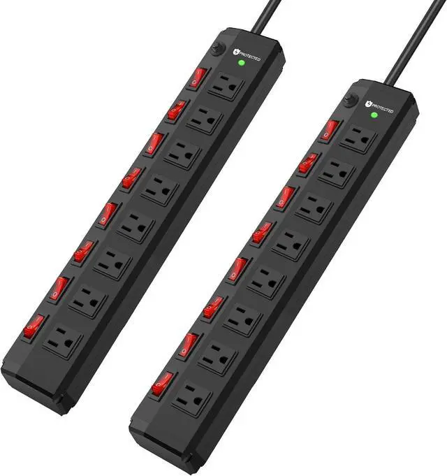 Main image of 2PCS 8 Outlet Heavy Duty Power Strip with 8 Individual Switches,Moutable Metal Power Strip Surge Protector 1200 Joules,6FT 14AWG Extension Cord,15A 1800W 125V 60Hz