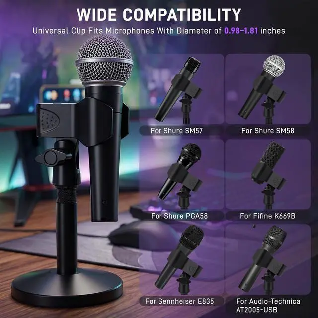 Alt view image 3 of 7 - Desktop Microphone Stand for Shure SM58/SM7B/MV7 +,Fifine K669B,Blue Yeti,Hyper X QuadCast,Premium Detachable Base with Mic Spring Clip for Sound Pickup,Podcast & Recording