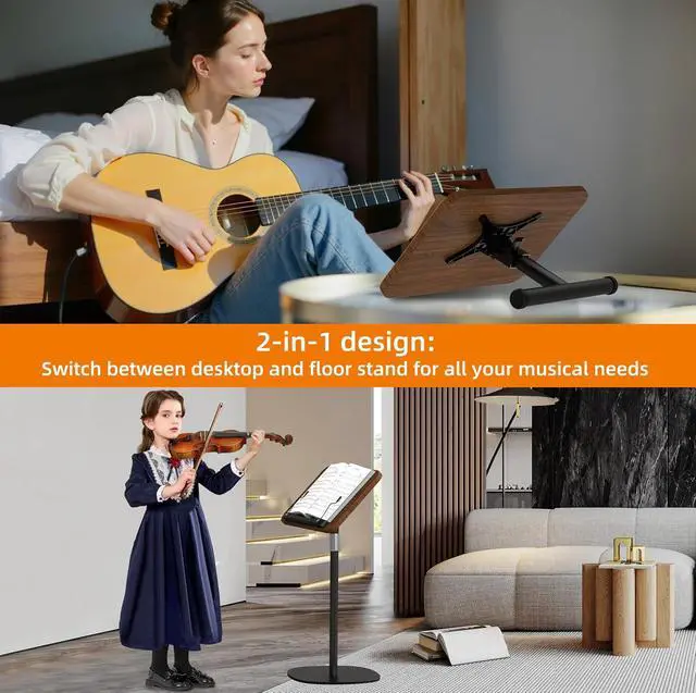 Alt view image 2 of 6 - 2-in-1 Dual-Use Music Stand & Tabletop Stand, Heavy Duty Wooden Music Stand for Sheet Music, Adjustable Height & Angle, With Page Paper Clip, Ideal for all musicians (Walnut Effect)