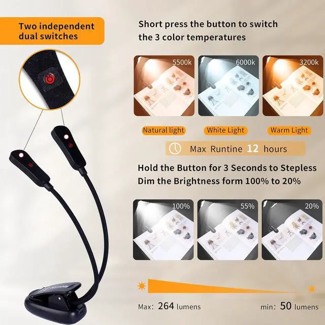 Alt view image 2 of 6 - 20 Pack Music Stand Light LED Clip on Reading Light USB-C and AAA Battery Power Supply (Included) Three Color Temperatures Suitable for Band Users Reading Enthusiasts