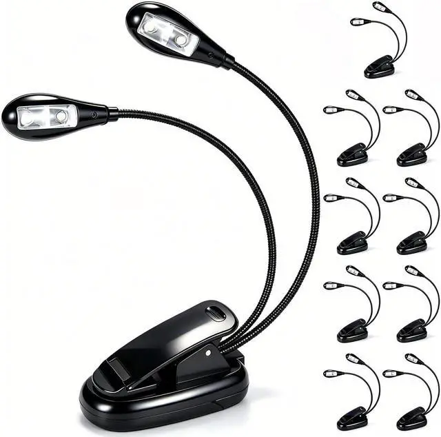 Main image of Book Light Bulk 10Pack, Music Stand Light Clip on LED, USB and AAA Battery Operated, Reading Lamp in Bed, 2 Brightness Levels, Ideal for Musician, Piano Player, Kids, Travel Dual Arm Black